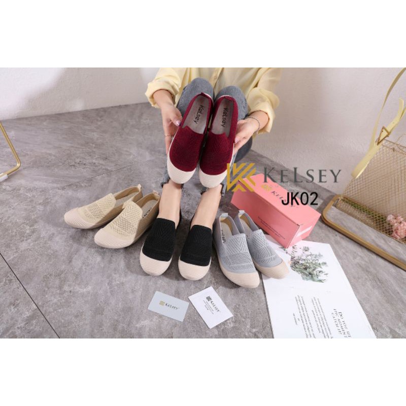 Kelsey Sepatu Slip On JK02 Sepatu Flyknit Flat Shoes Wanita