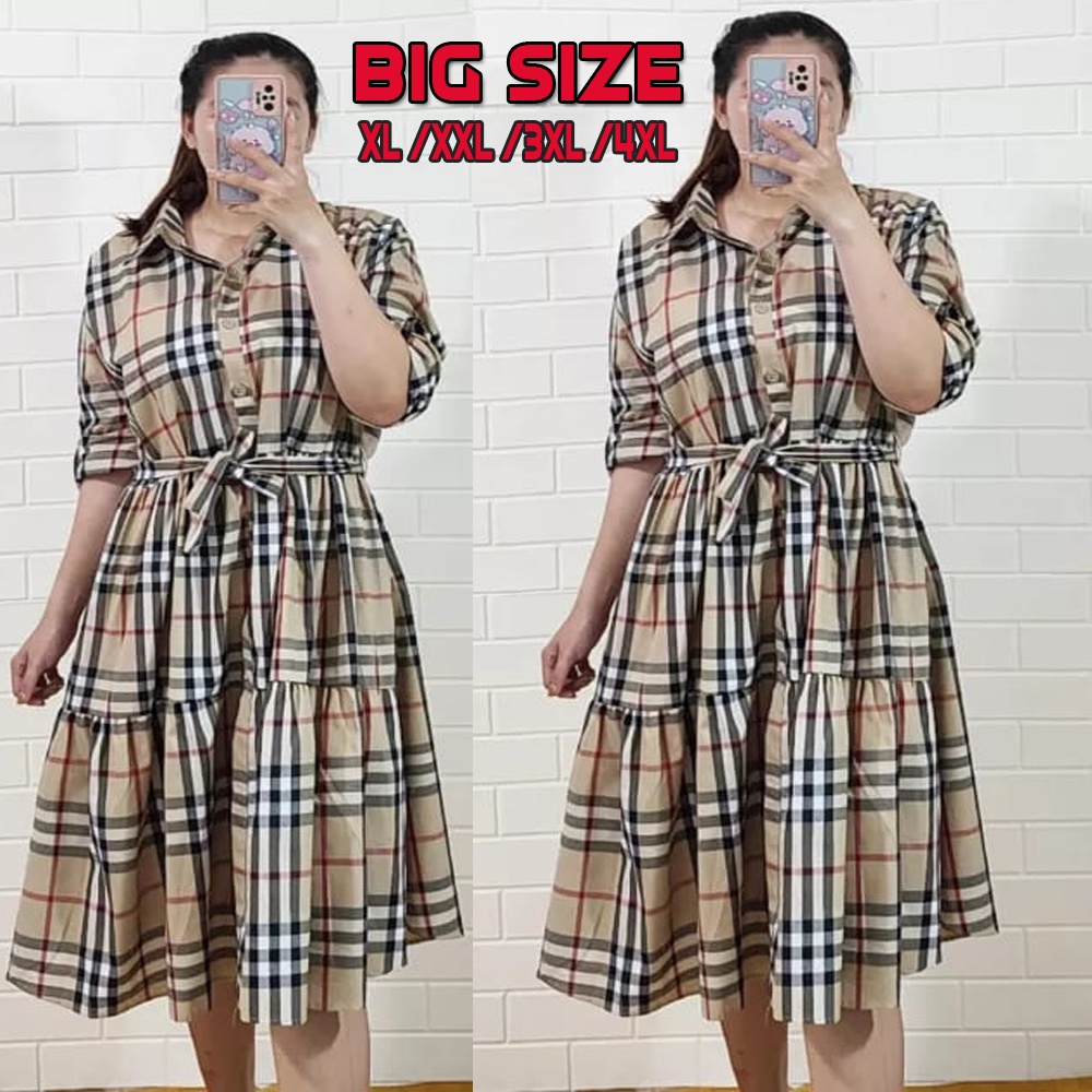 Big size midi dres jumbo motif burberry wanita lengan panjang kekinian 2022