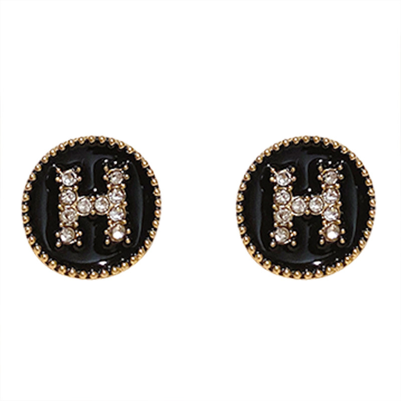 Vintage Hitam Bulat Berlian-set H Huruf Anting Aksesoris Telinga Korea Wanita