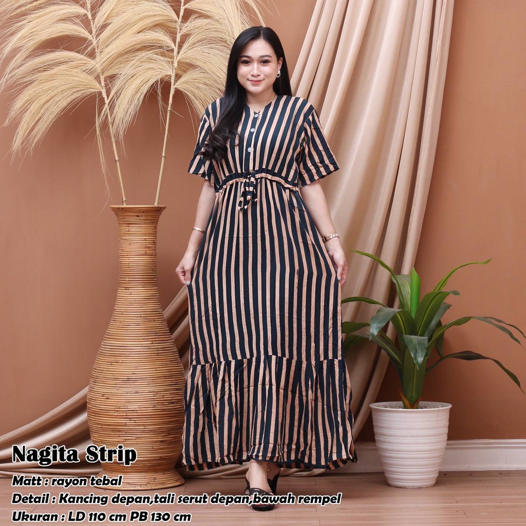 Nagita Strip Home Dress Korean Terbaru Bahan Rayon