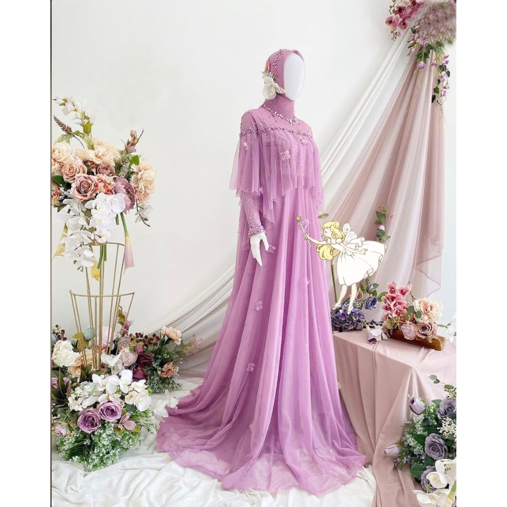 Dress Cellena gamis pesta brukat premium gamis Tulle tutu mutiara ungu lilac/ MAXY DRESS KONDANGAN / GAMIS SERAGAM NIKAHAN / GAMIS LEBARAN / GAMIS TERBARU KEKINIAN KA