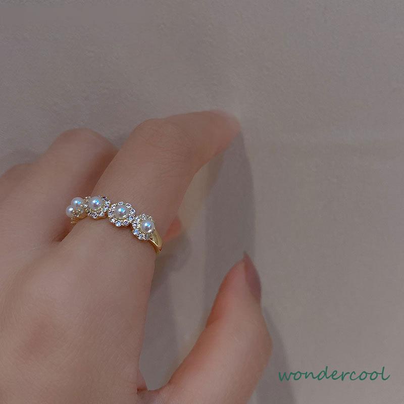 Double-layer Retro Pearl Diamond Ring Niche Light Desain Mewah Cincin Dapat Disesuaikan Terbuka-Won