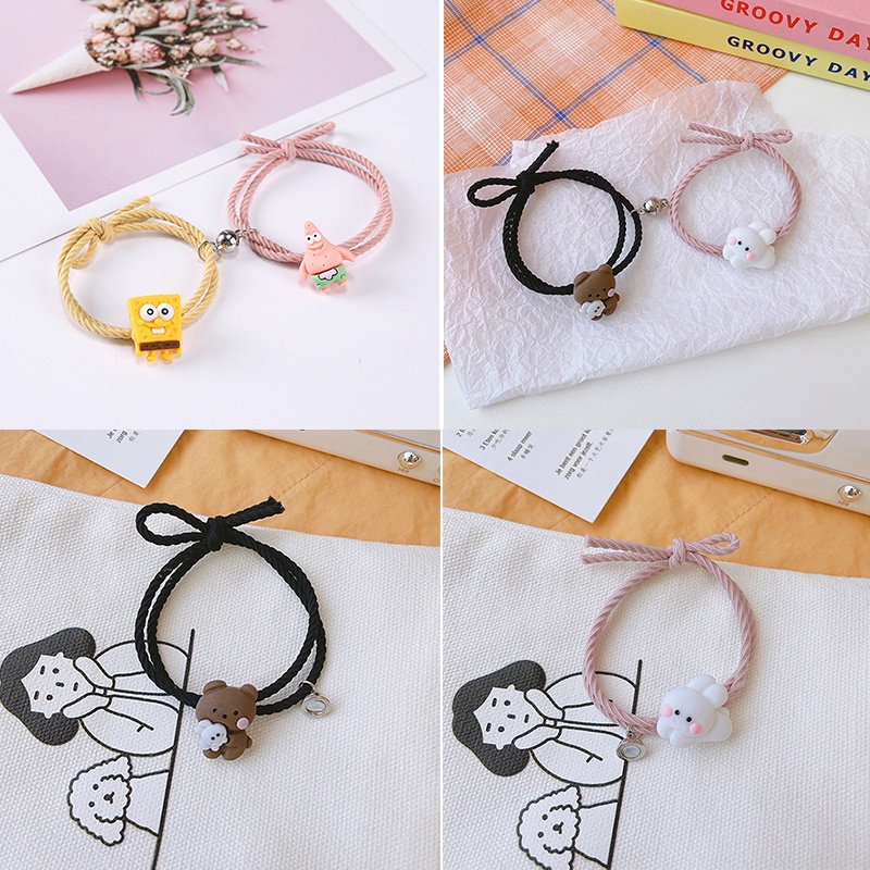 2Pcs Gelang Couple Magnet Attract Each Other Gelang Kapel Elastis Pasangan Pria Dan Wanita Kartun Dikepang Tali Tangan Rambut ANTOP