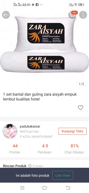 1 Set Bantal Dan Guling Zara Aisyah Empuk Lembut Kualitas Hotel