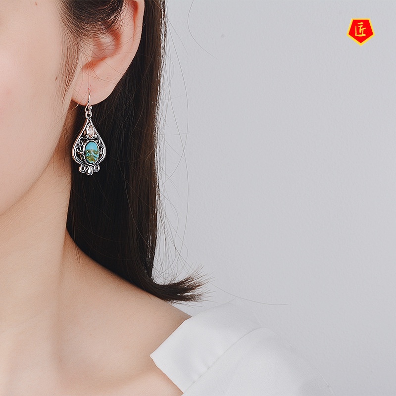 [Ready Stock]Vintage Punk Silver Turquoise Earrings