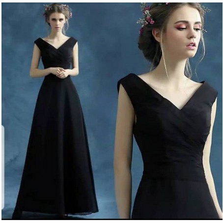 Maxi dress gaun pesta V-neck sexy hitam