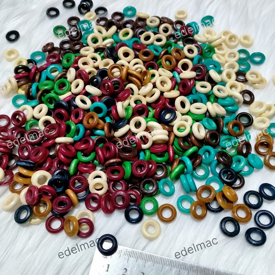 Ring Wooden Beads | Mote / Manik Kayu Bulat Lubang Besar Cet Warna