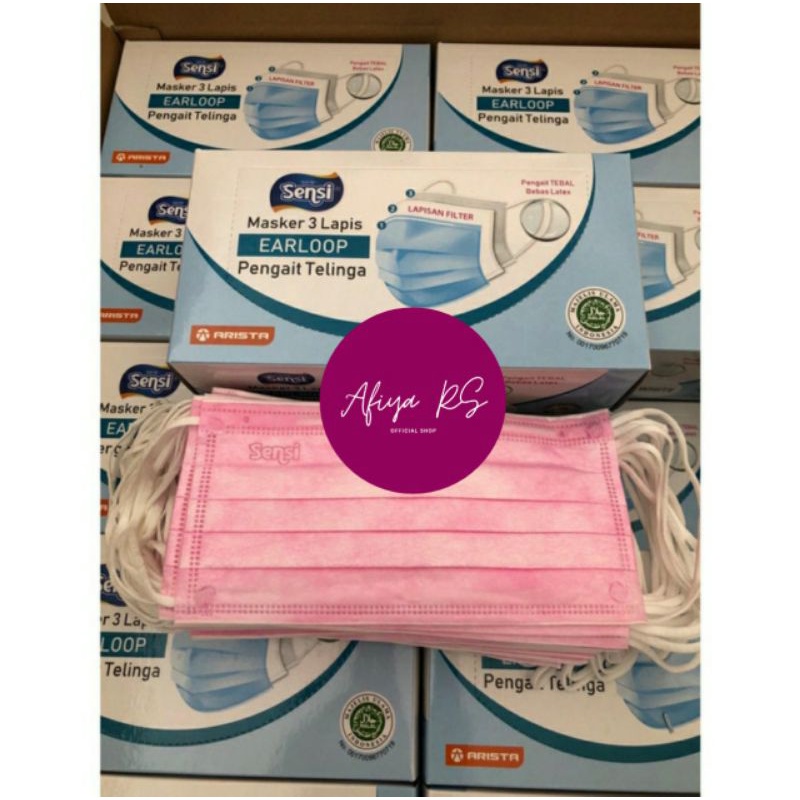 Masker Sensi Earloop 3 Ply Warna Pink isi 40 Pcs