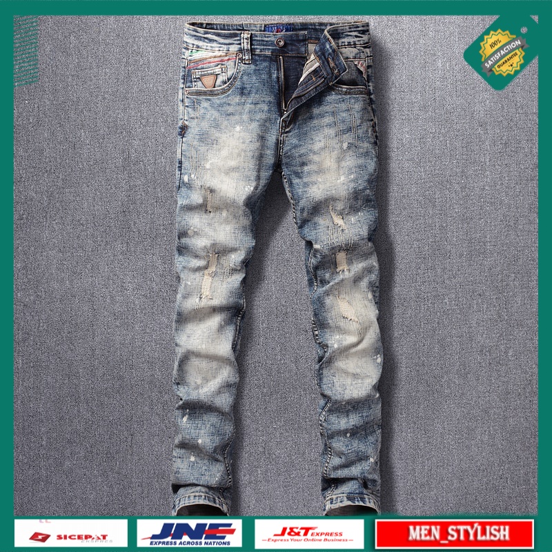 Celana Jeans Panjang Pria Fashion Streetwear  High Quality Retro Gray Blue Ripped Jeans Men Elastic 