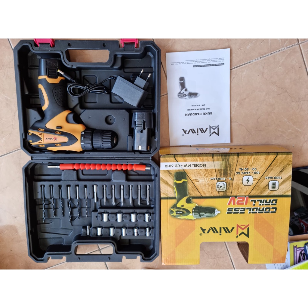 MESIN BOR CORDLESS/ BATERAI CES 12v + ACCESORIES SET MIWA