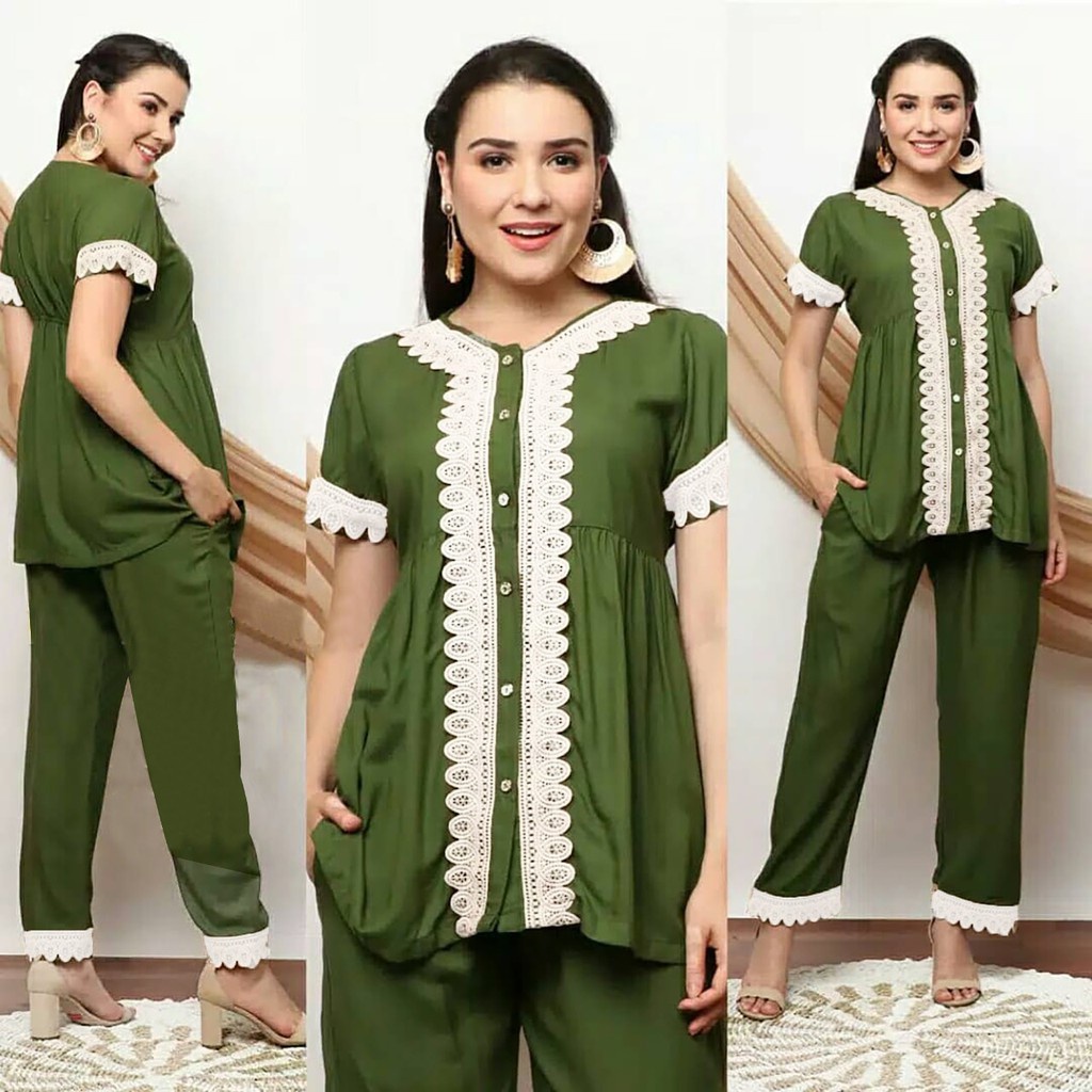 PIYAMA DELHI 2 IN 1 KAIN MOSSCRAPE MIX RENDA ARAB ( ATASAN + BAWAHAN ) BAJU SETELAN PIYAMA TERBARU 2022 SIMPLE DAN KEKINIAN