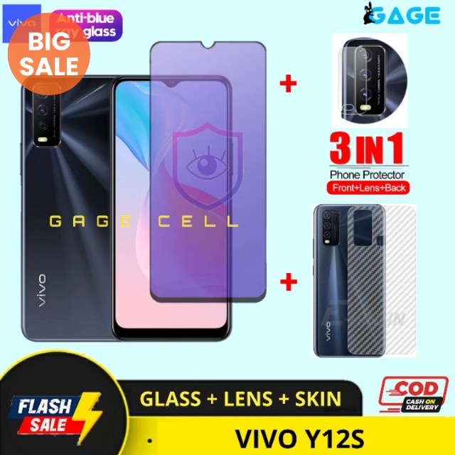 COD 3in1 Tempered Glass Anti Blue Light VIVO Y12S Tg Anti Gores Radiasi Full Layar Premium