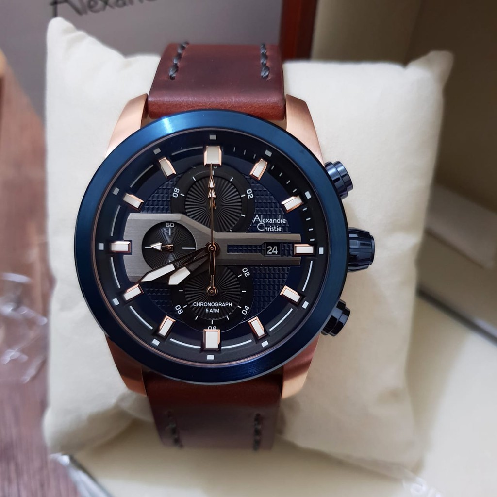 Alexandre Christie 100% Original AC6270 Jam Tangan Pria rosegold blue tali coklat