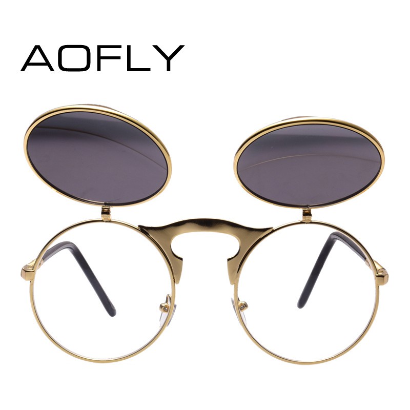 Mall Kacamata Hitam Round Vintage Steampunk Sunglasses Kacamata Klasik AOFLY