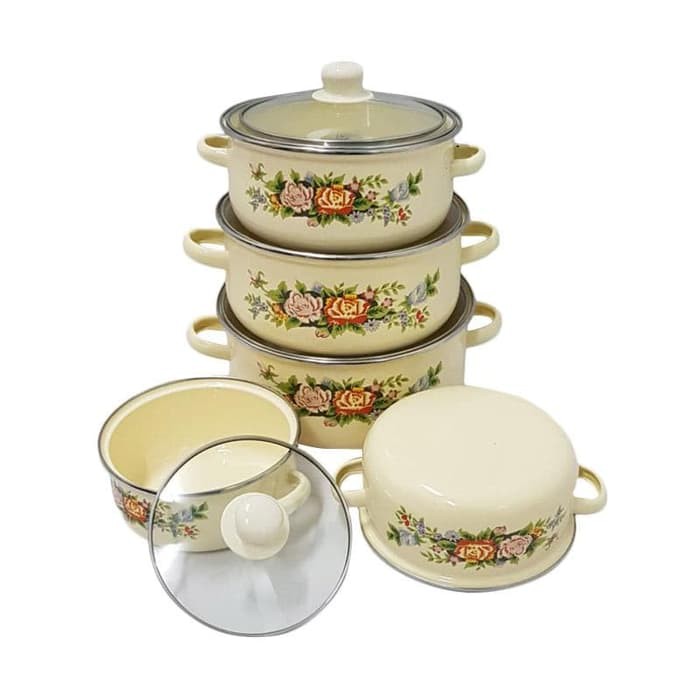 Panci Set Enamel Reoona 5 Pcs Motif Bunga