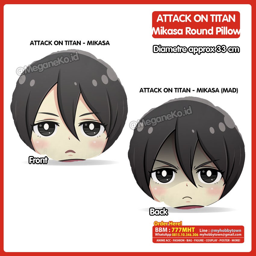 Bantal Bulat Attack On Titan - Shingeki no Kyojin : Mikasa Ackerman Plush Doll - Round Plushie