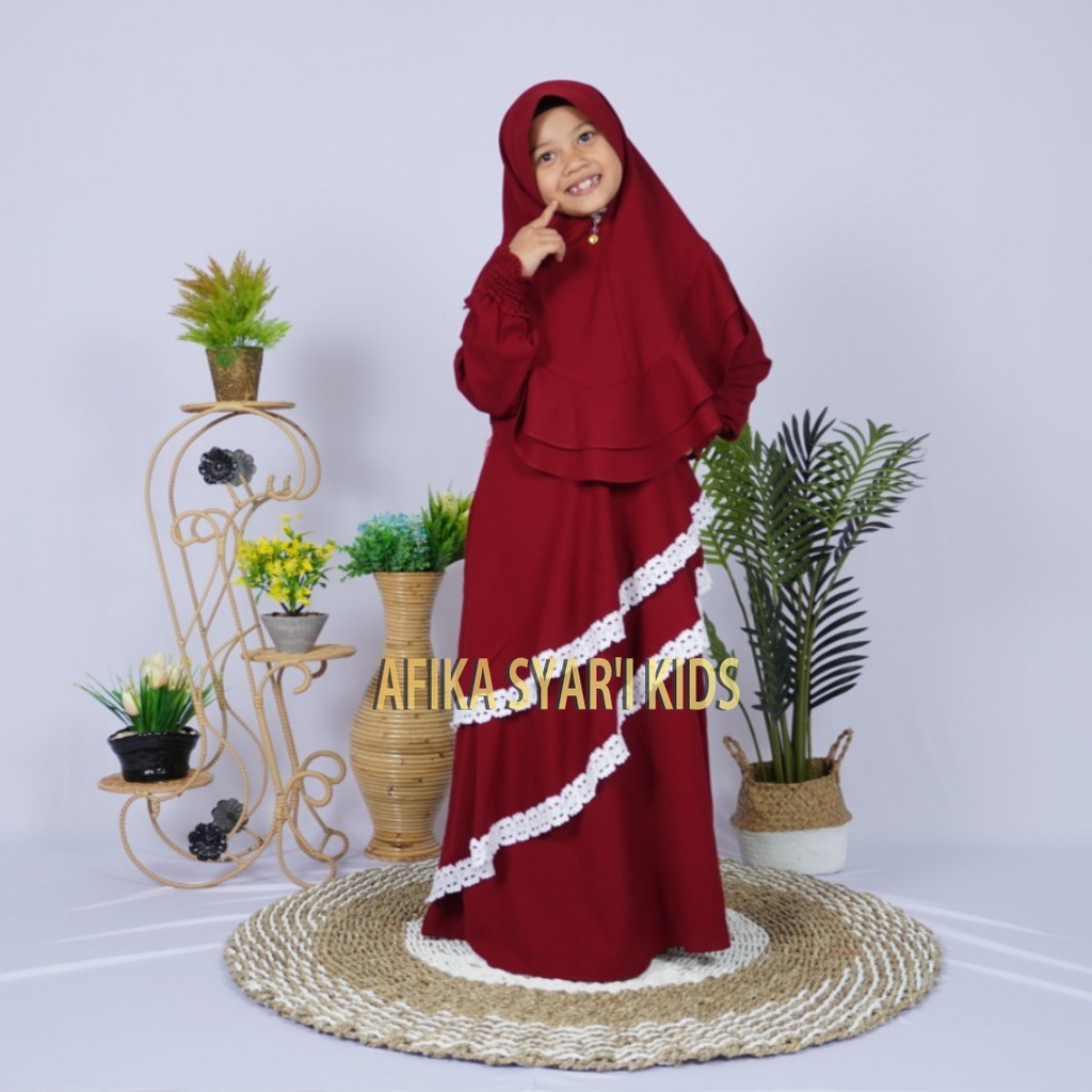 Gamis Anak Syari Polos Renda Set Khimar (Warna Merah Maroon) (Bahan manggo crepe)