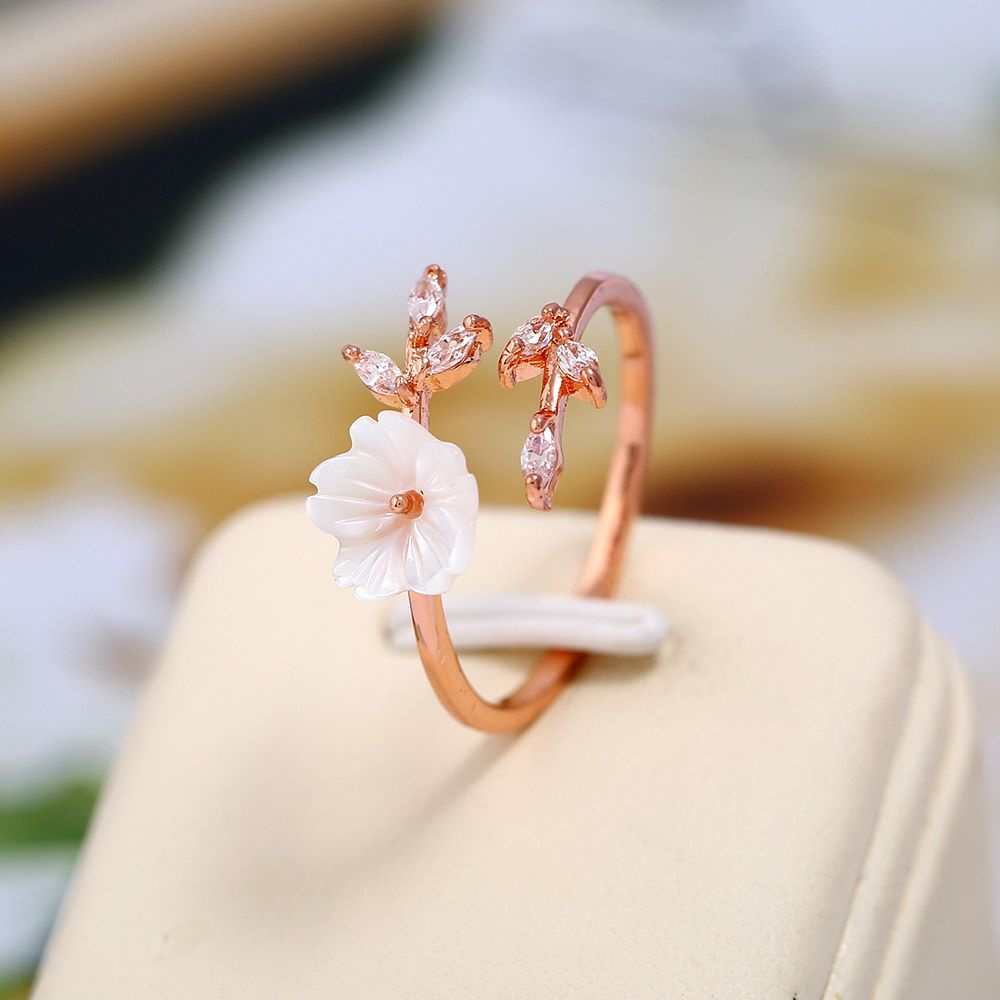 WONDERFUL Elegant Opening Ring Delicate Rose Gold Shell Flower  Fashion Women Girls Jewelry Adjustable Size Zircon Crystal Leaf