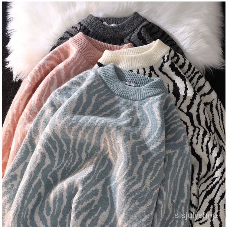 #Sisjuly# Gadis zebra pola leher bulat sweater longgar pria dan wanita musim gugur dan musim dingin