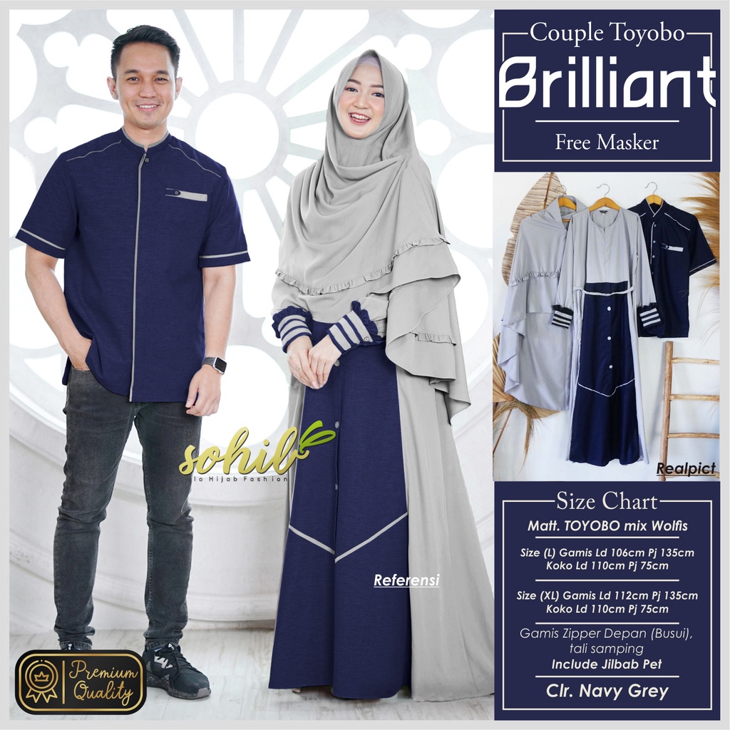 BAJU PASANGAN LEBARAN COUPLE MUSLIM BRILLIANT NAVY GAMIS KOKO TOYOBO ORI SOHIB