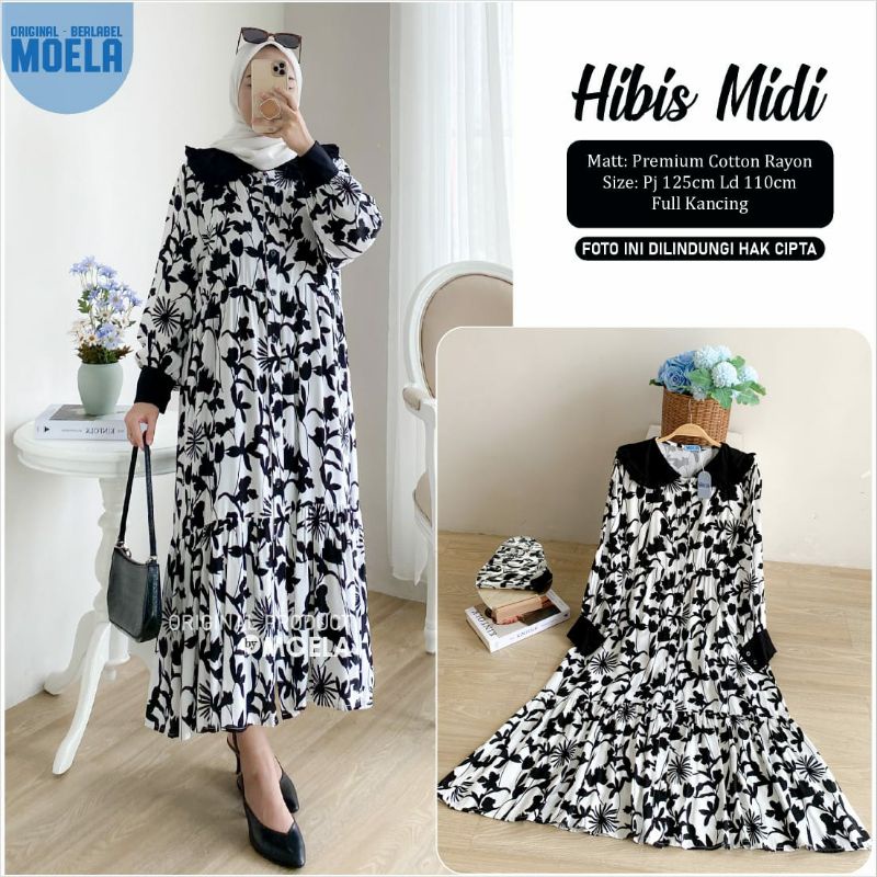 Hibis Asire midi by Moela midi dress gamis midi long tunik rayon ld 110 xl original Moela