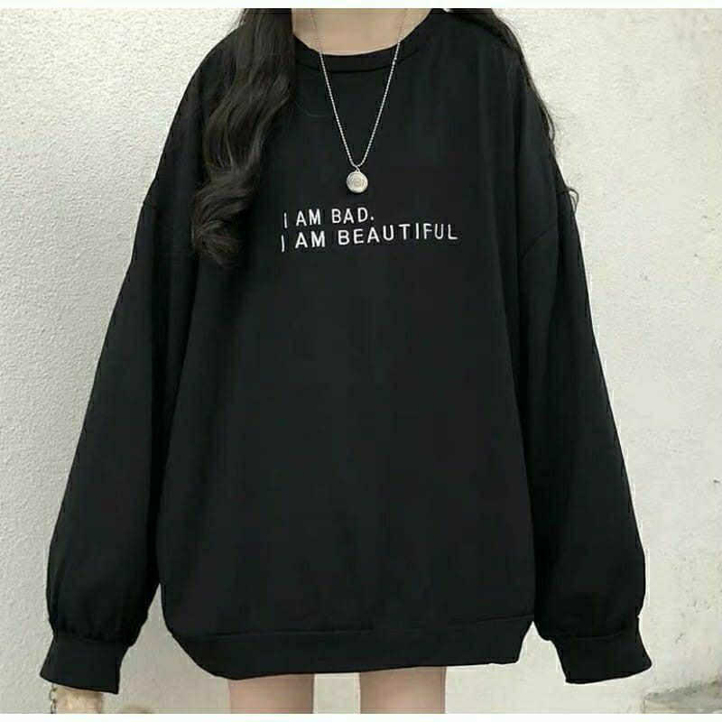 SWEATER OBLONG I AM BAD BEAUTIFUL CREWNECK-Hitam