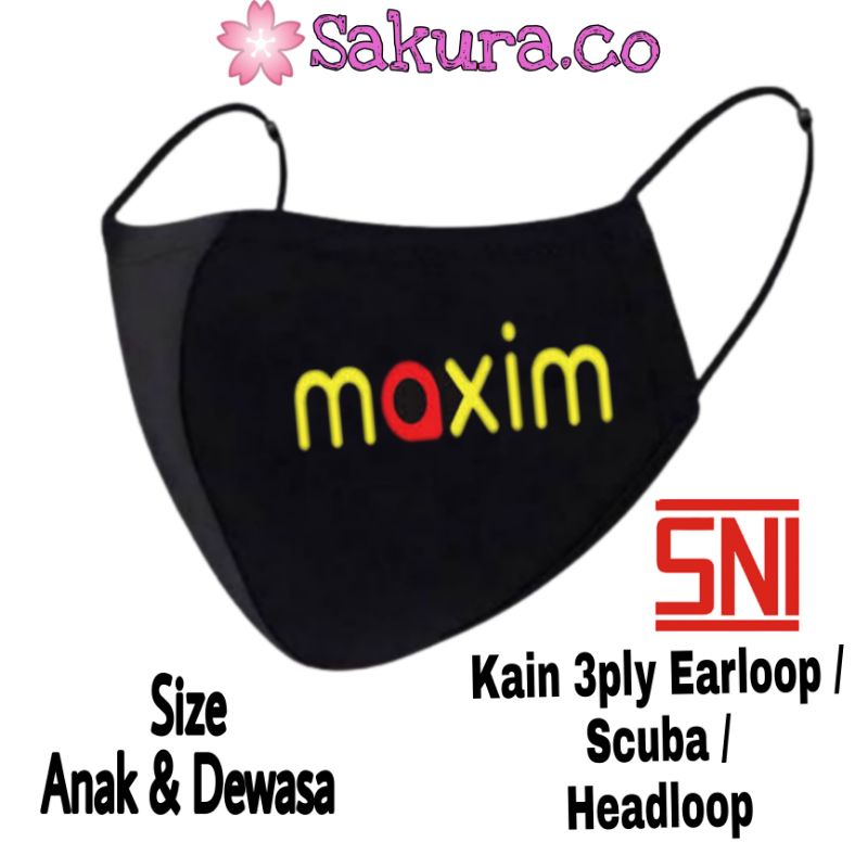 Masker Kain 3 Lapis MAXIM ojek transportasi online - Masker  HITAM 3PLY / Earloop 3 PLY / Scuba  karakter anak dewasa / Headloop