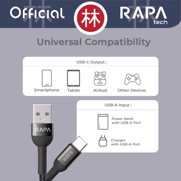 RAPAtech DC1011 - LINE I - USB-A to USB-C Cable Type-C 3A QC 3.0 100cm