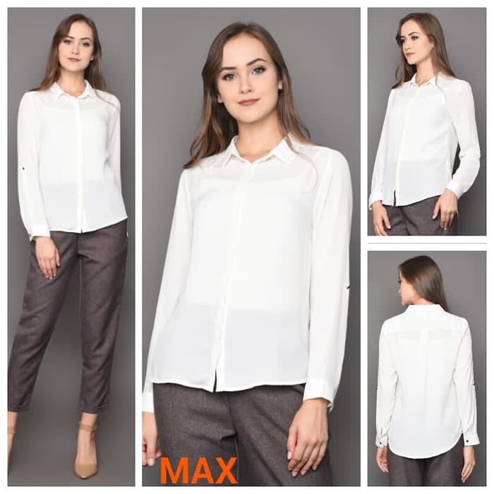 Baju Branded BomFash- Kemeja Wanita Lengan Panjang- Atasan Putih Polos