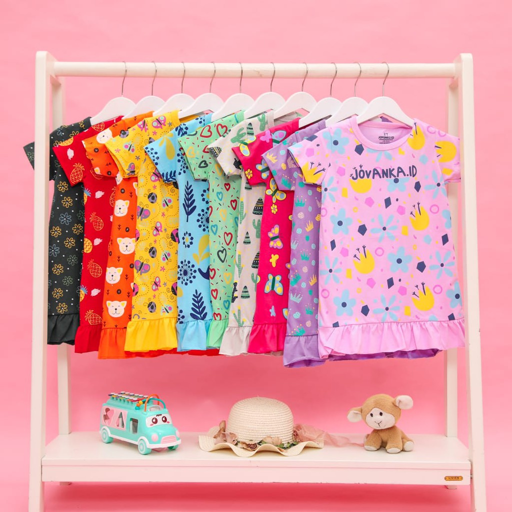 DRESS ANAK PEREMPUAN MOTIF PATTERN FREE TOPI BUCKET USIA 2-10 TAHUN