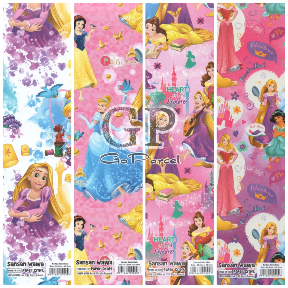 ( 5 Lembar ) PRINCESS SANWA - KERTAS KADO - GIFT WRAP PAPER SANSAN WAWA FROZEN PRINCESS ELSA ANNA / SNOW WHITE RAPUNZEL CINDERELLA BELLE BEAUTY AND THE BEAST ARIEL THE MERMAID JASMINE DISNEY PRINCESS