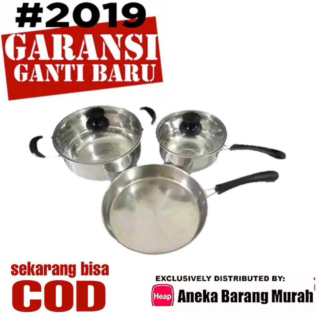 panci HC stainles set 5 in 1 penggorengan anti ribet tutup kaca knop bulat