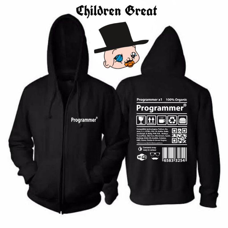 Jaket Hoodie PROGRAMMER dengan Resleting Zipper, Bahan Katun Baby Terry Cotton Fleece untuk Pria dan