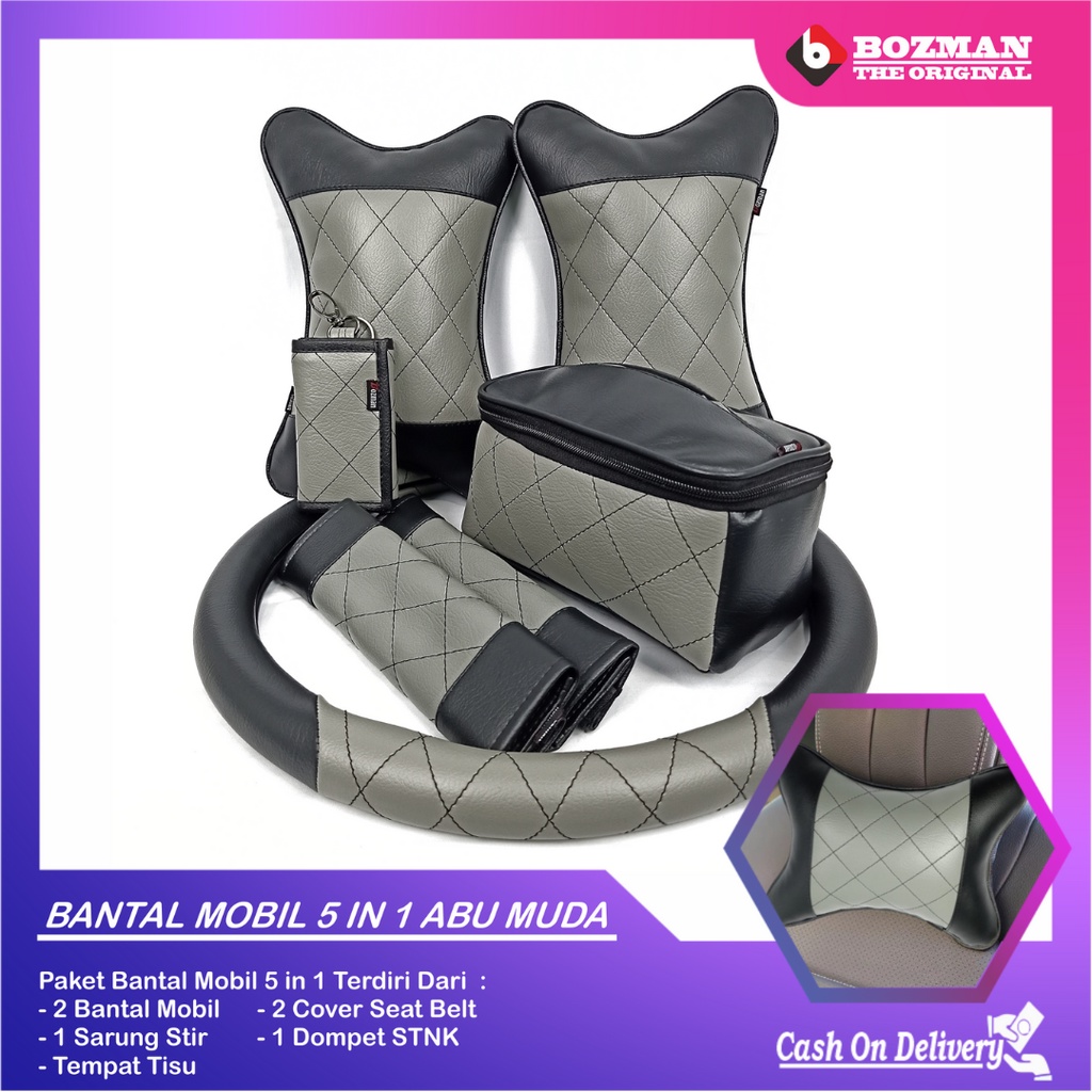 Set Bantal Mobil 5 in 1 Premium Bantal Leher Cover Stir Seatbelt Tempat Tisu Free Dompet STNK