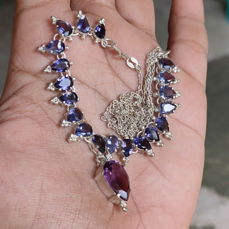 KALUNG PERAK 925 BATU NATURAL AMETHYST KECUBUNG UNGU DAN IOLITE SAFIR AIR