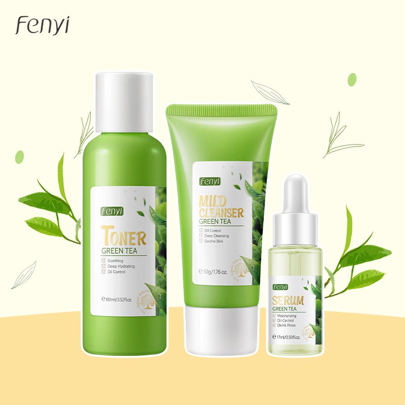 Fenyi Green Tea Toner Set Perawatan Kulit Memutihkan Wajah Serum Mengecilkan Pori-pori Menghilangkan Jerawat 3 Pcs