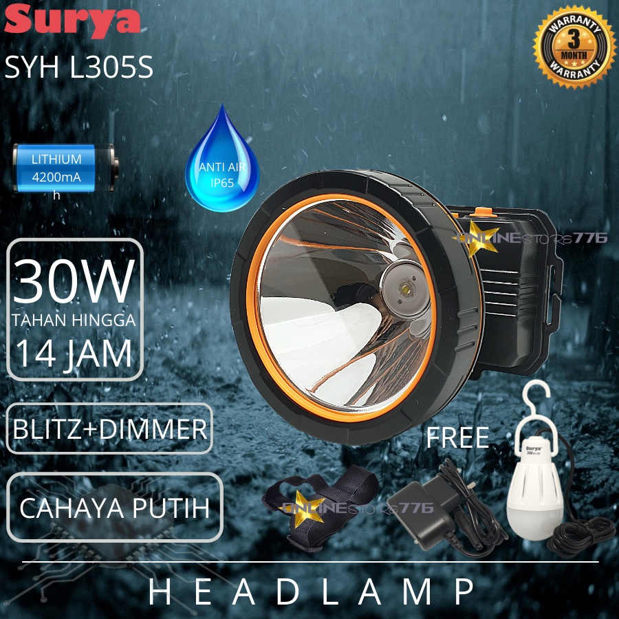 SENTER KEPALA / SENTER KEPALA SURYA / SYH L305S / LAMPU SENTER KEPALA / HEADLAMP / SURYA / SYH L305 / SENTER KEPALA TAHAN AIR / SENTER KEPALA RECHARGEABLE 30WATT - 30W /  CAHAYA PUTIH