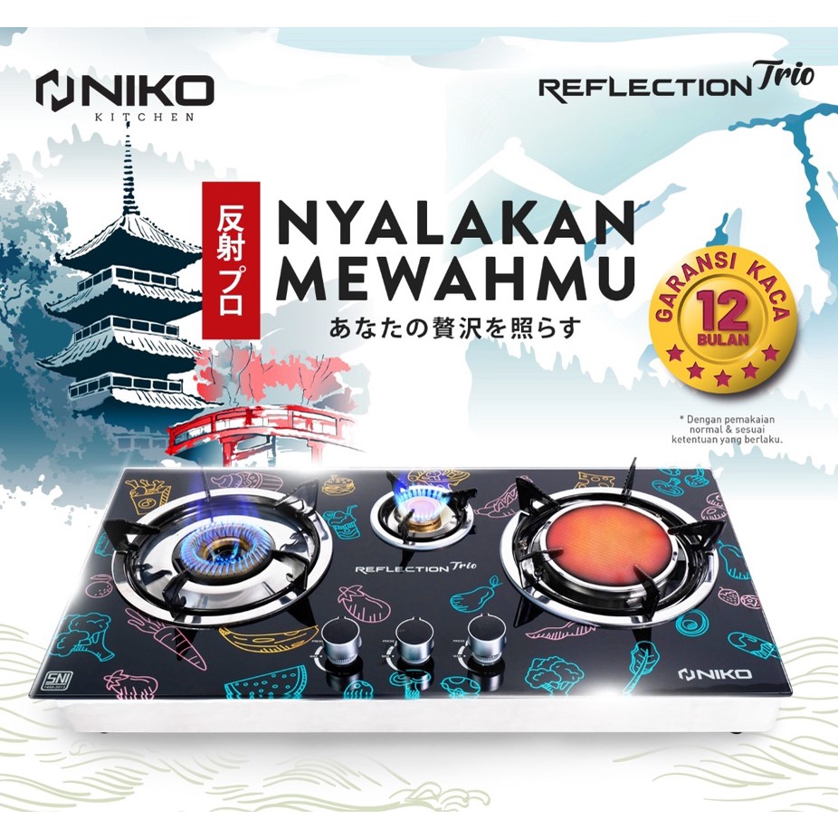 NIKO Kompor Tanam Kaca Gas LPG 3 Tungku Mix Bara REFLECTION PRO TRIO / TRIO