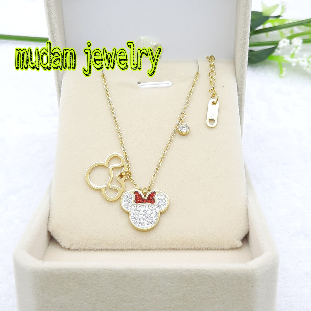 Kalung Titanium Desain Minnie Warna Rose Gold, Gold, dan Silver