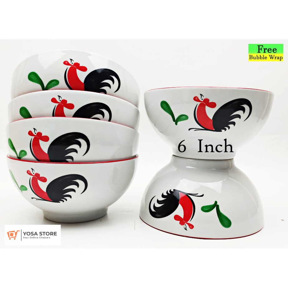 Mangkok Keramik Bakso Size 6 Inch Motif Ayam Jago - 6 Pc Tebal