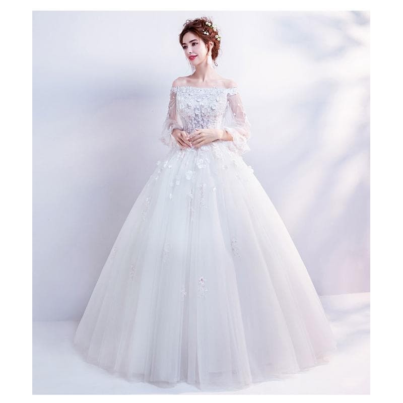 Gaun Pengantin 0280418 Putih Sabrina Lengan Panjang Wedding Gown