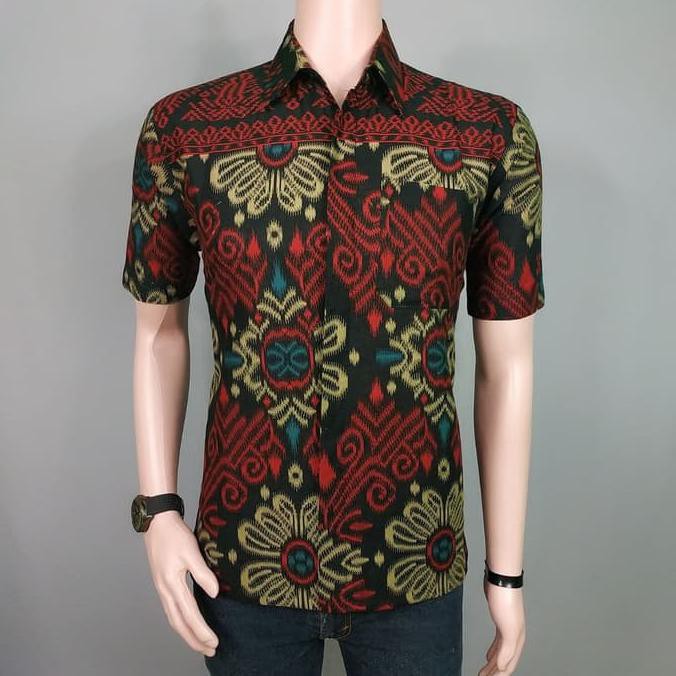 PRODUK READY... HEM BATIK KEMBANG BLUR - KEMEJA BATIK PRIA LENGAN PENDEK MERAH MARUN - MAROON, XL