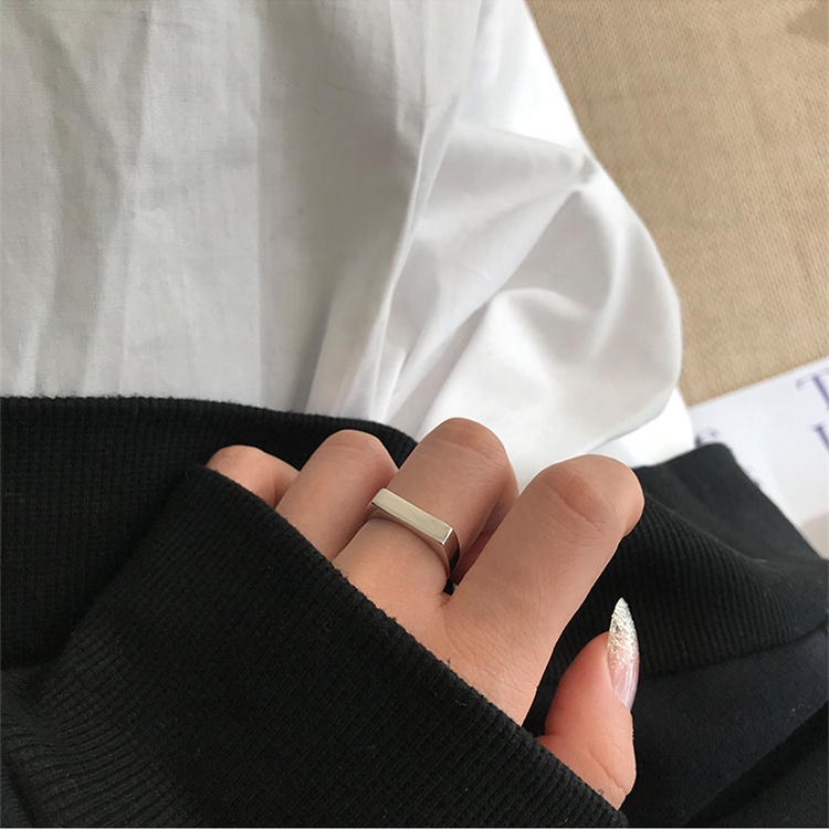 Cincin Model Terbuka Bentuk Persegi Geometris Warna Silver Gaya Korea Untuk Unisex