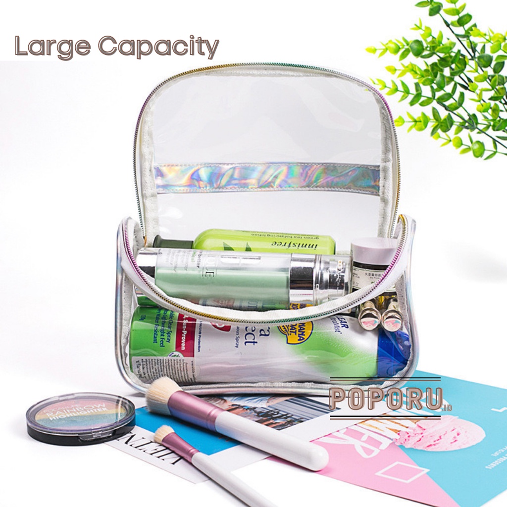 POPORU CLEAR HOLO Handy Pouch / Tas Kosmetik Bening / Pouch Transparan Travel  Murah / Anti Air PVC