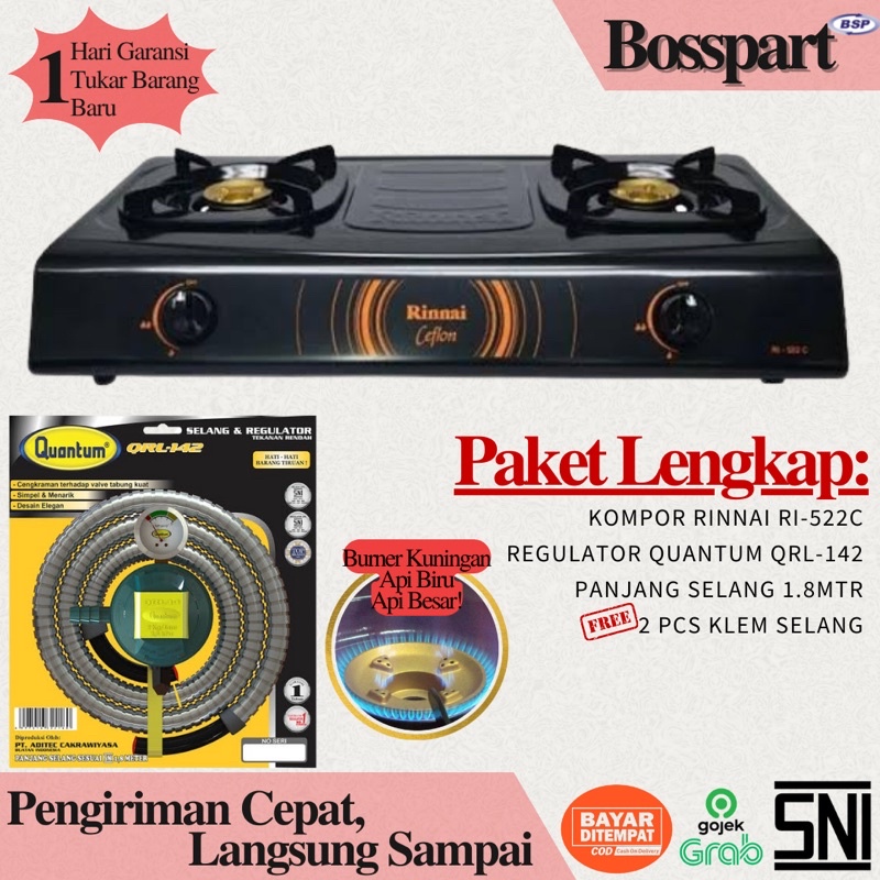 Paket Kompor Gas Rinnai 2 Tungku RI-522C bonus selang regulator Quantum