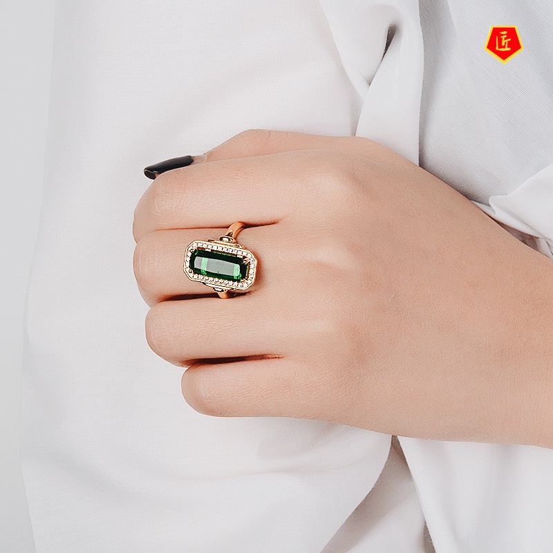 [Ready Stock]Elegant Personality 18K Gold Emerald Ring