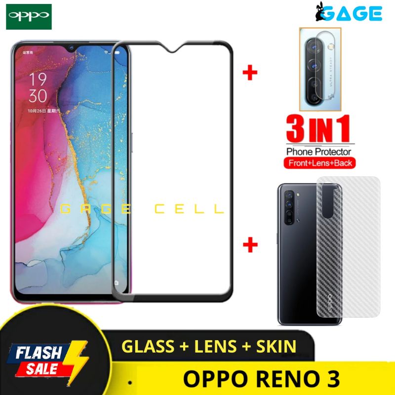 PAKET 3IN1 TEMPERED GLASS LAYAR KAMERA SKIN CARBON OPPO RENO 3 TG ANTI GORES OPPO RENO3 FULL SCREEN