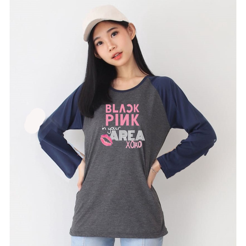 Kaos Raglan Abu Tua Lengan Panjang Gambar BlackPink