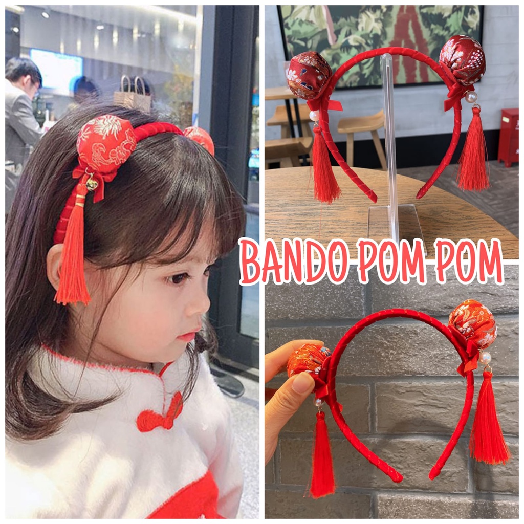 BANDO POM POM MERAH AKSESORIS IMLEK FASHION ANAK CEWEK IMPORT CHONGSAM JEPITAN RAMBUT