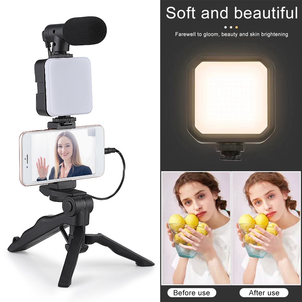 Vlogging KIT Paket Vlog 5 Item LED Video Light Phone Holder Tripod Microphone Remote Shutter AY49